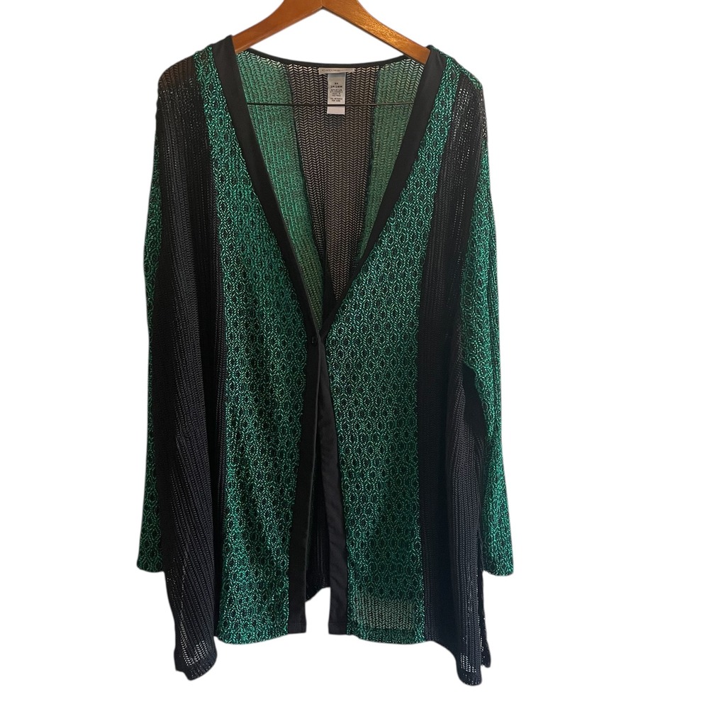 Catherines 3X 26/28W Open Front Cardigan Knit Green Black‎ Plus Size